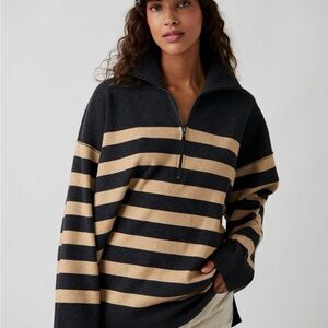 Free People Coastal Striped Black and Tan Quarter-Zip Sweater XS Oversized
